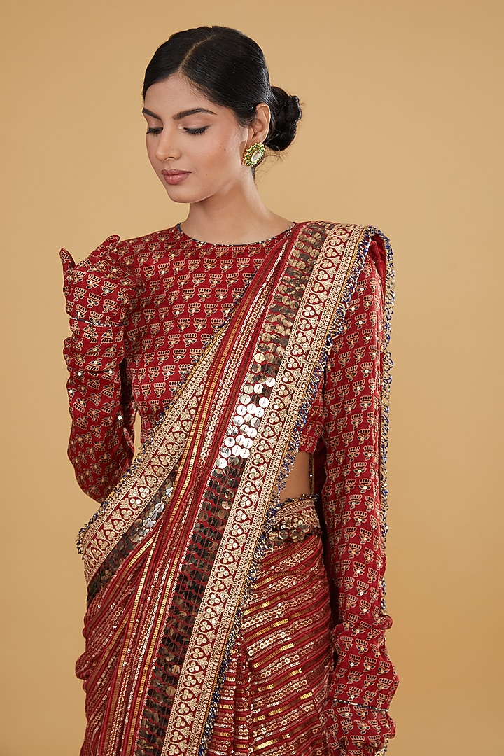 Red Georgette & Modal Silk Sequins Embroidered Wedding Saree Set by Nitya Bajaj at Pernia's Pop Up Shop