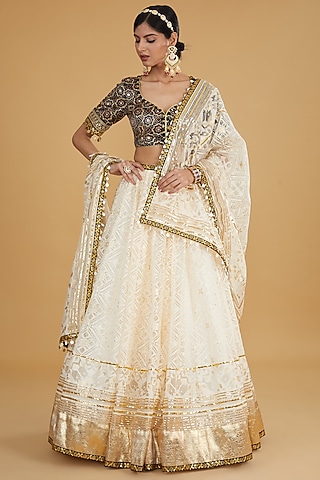 Ivory Organza Gota Work Lehenga Set by Nitya Bajaj