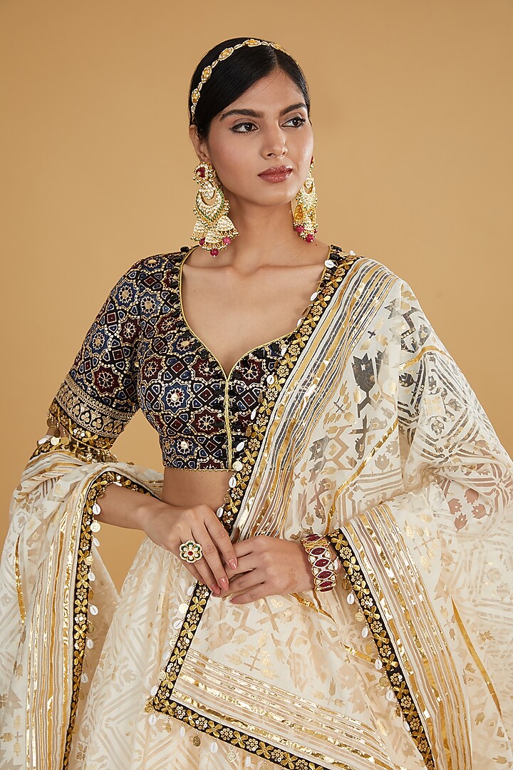 Ivory Organza Gota Work Wedding Lehenga Set by Nitya Bajaj at Pernia's Pop Up Shop