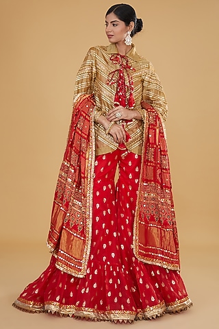 Red Chanderi Tissue Ajrakh Printed Gharara Set by Nitya Bajaj