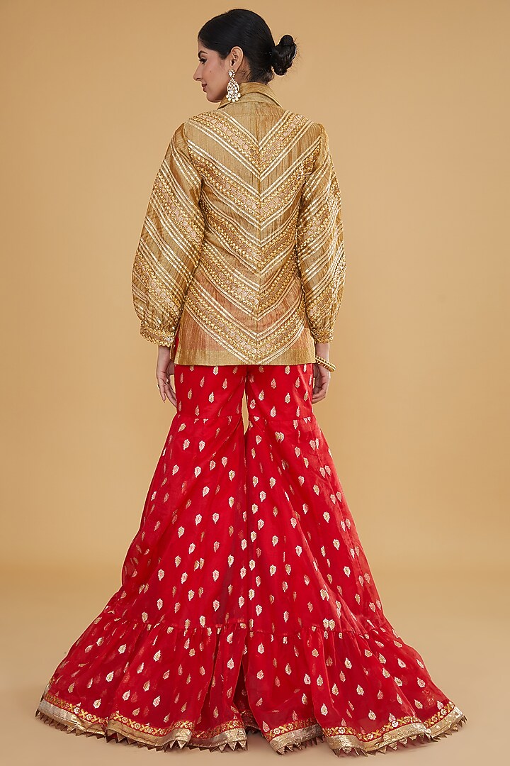 Red Chanderi Tissue Ajrakh Printed Gharara Set by Nitya Bajaj at Pernia's Pop Up Shop