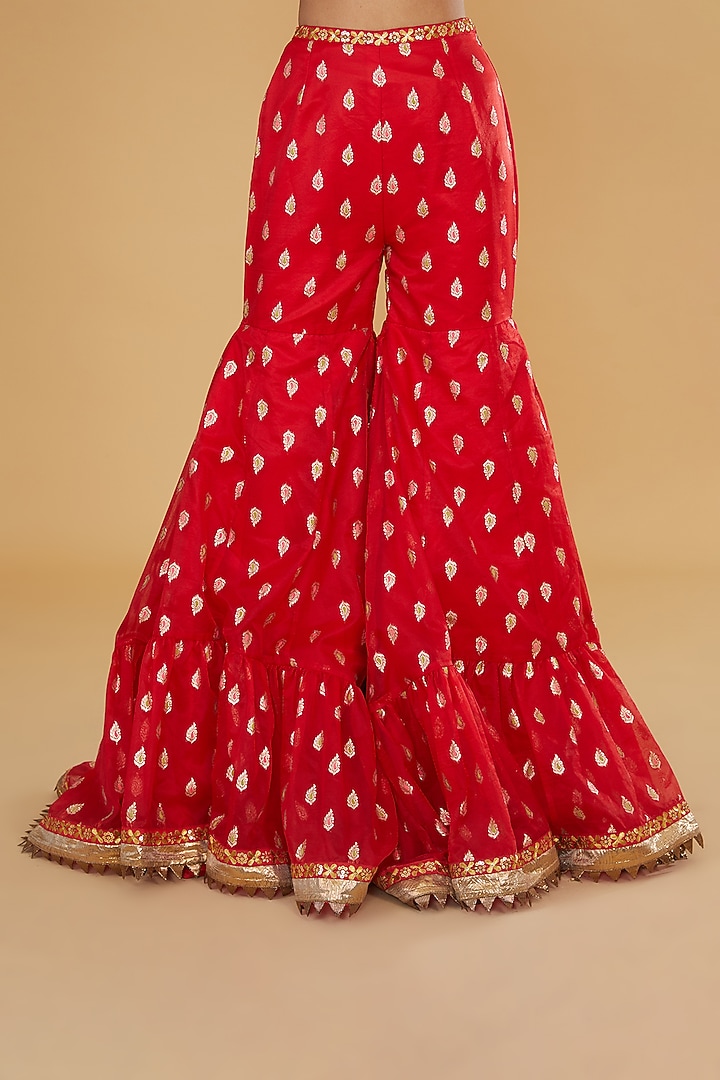 Red Chanderi Tissue Ajrakh Printed Gharara Set by Nitya Bajaj at Pernia's Pop Up Shop