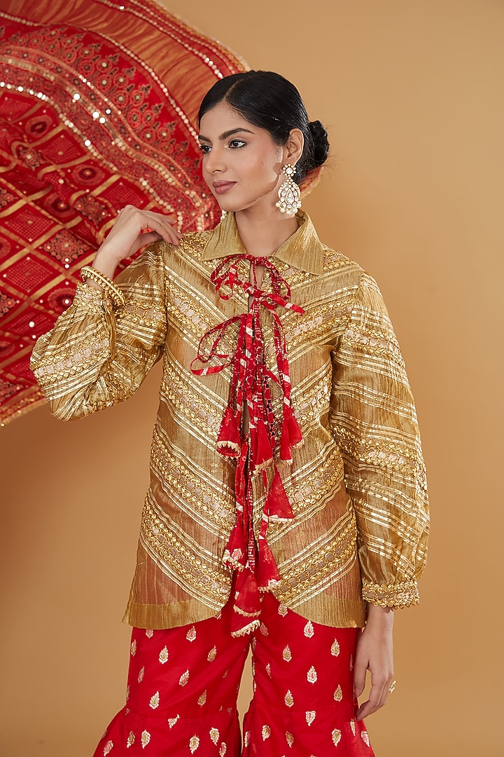 Red Chanderi Tissue Ajrakh Printed Gharara Set by Nitya Bajaj at Pernia's Pop Up Shop