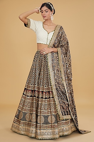 Black Modal Silk Ajrakh Printed & Embroidered Lehenga Set by Nitya Bajaj