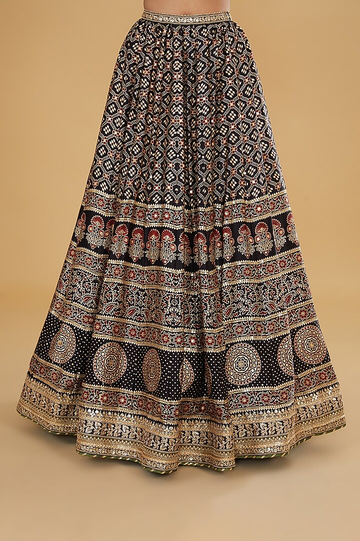 Black Modal Silk Ajrakh Printed & Embroidered Wedding Lehenga Set by Nitya Bajaj at Pernia's Pop Up Shop