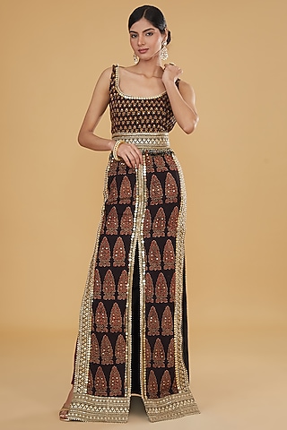 Black Cotton Ajrakh Printed & Embroidered Gown by Nitya Bajaj