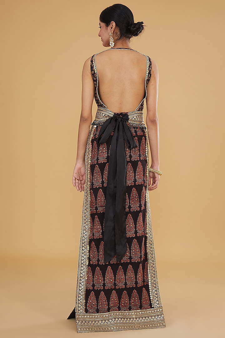 Black Cotton Ajrakh Printed & Embroidered Engagement Gown by Nitya Bajaj at Pernia's Pop Up Shop