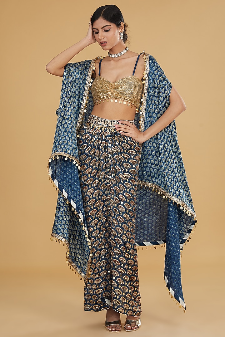Blue Modal Silk Ajrakh Printed & Embroidered Cape Set by Nitya Bajaj