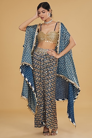 Blue Modal Silk Ajrakh Printed & Embroidered Cape Set by Nitya Bajaj