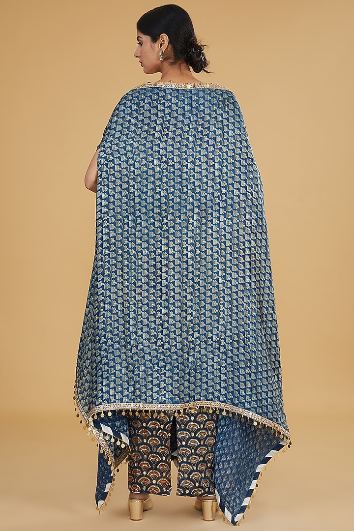 Blue Modal Silk Ajrakh Printed & Embroidered Cape Set by Nitya Bajaj at Pernia's Pop Up Shop