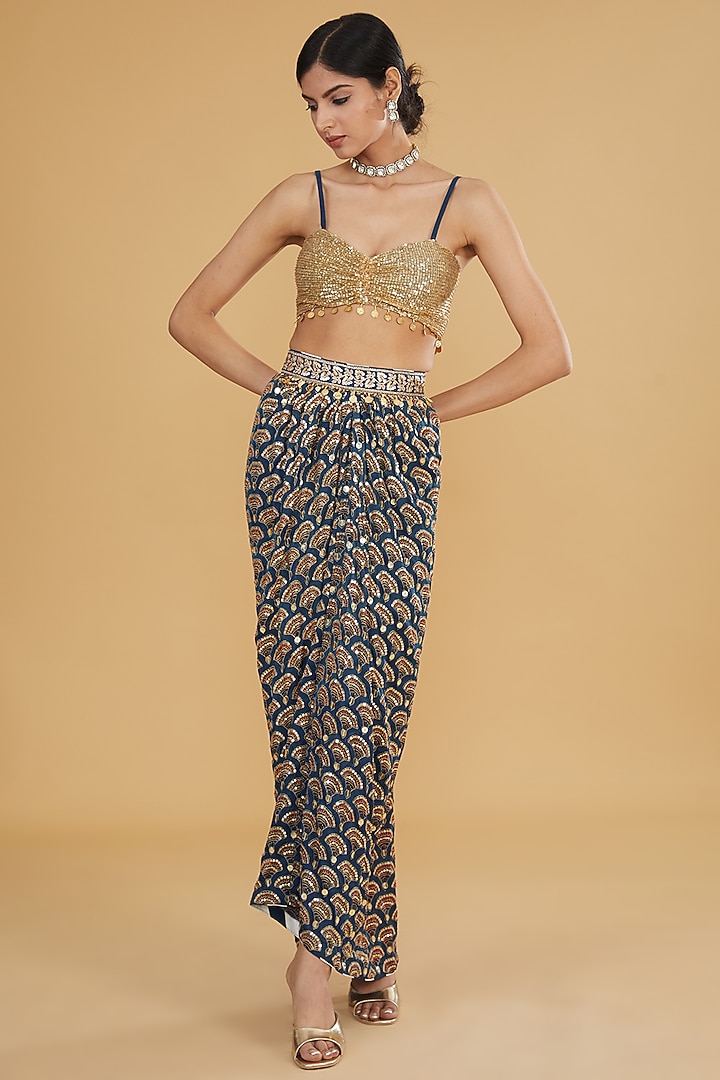 Blue Modal Silk Ajrakh Printed & Embroidered Cape Set by Nitya Bajaj at Pernia's Pop Up Shop