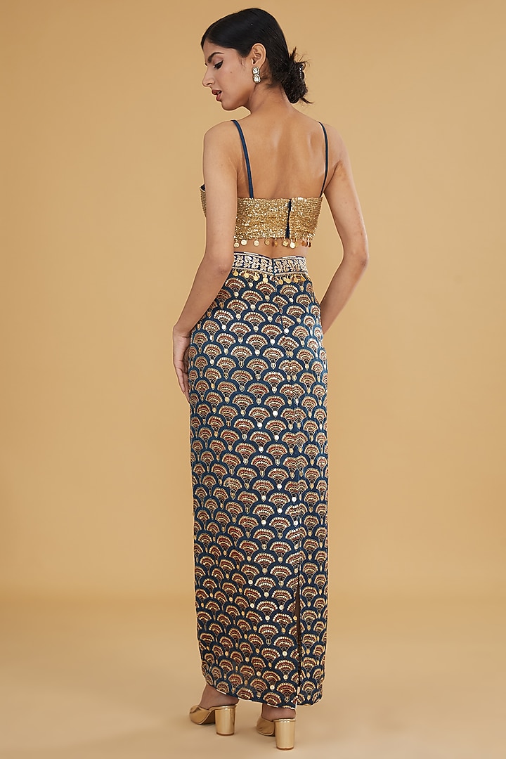Blue Modal Silk Ajrakh Printed & Embroidered Cape Set by Nitya Bajaj at Pernia's Pop Up Shop