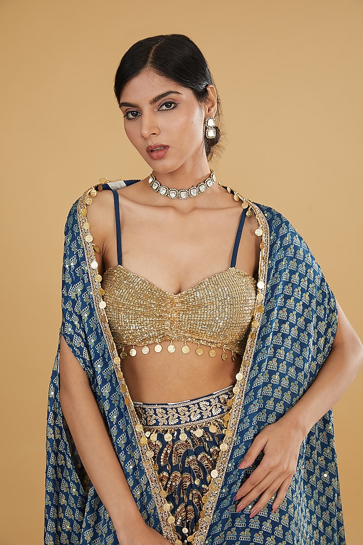 Blue Modal Silk Ajrakh Printed & Embroidered Cape Set by Nitya Bajaj at Pernia's Pop Up Shop