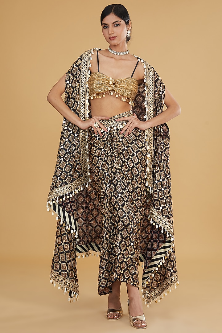 Black Modal Silk Ajrakh Printed & Embroidered Cape Set by Nitya Bajaj at Pernia's Pop Up Shop