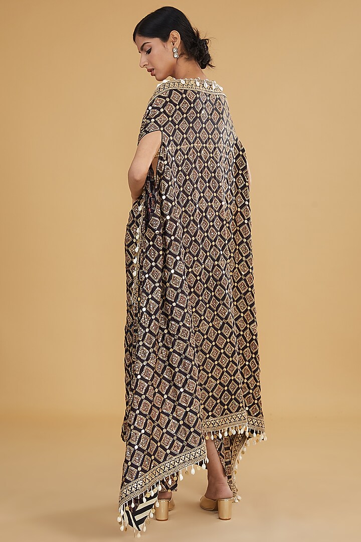 Black Modal Silk Ajrakh Printed & Embroidered Cape Set by Nitya Bajaj at Pernia's Pop Up Shop