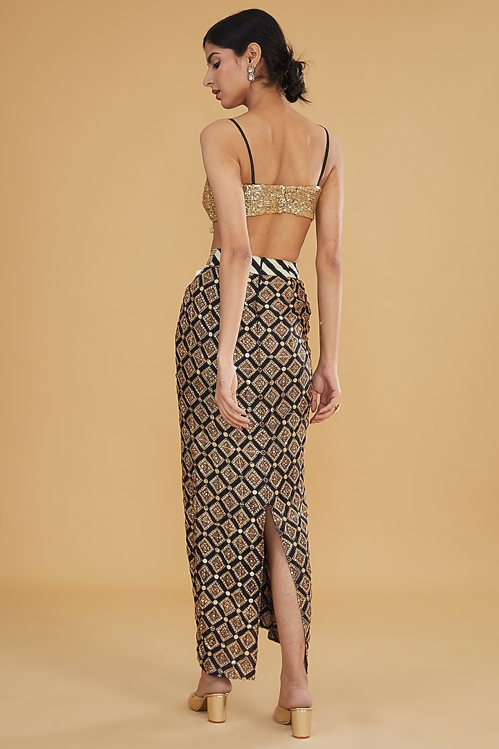 Black Modal Silk Ajrakh Printed & Embroidered Cape Set by Nitya Bajaj at Pernia's Pop Up Shop