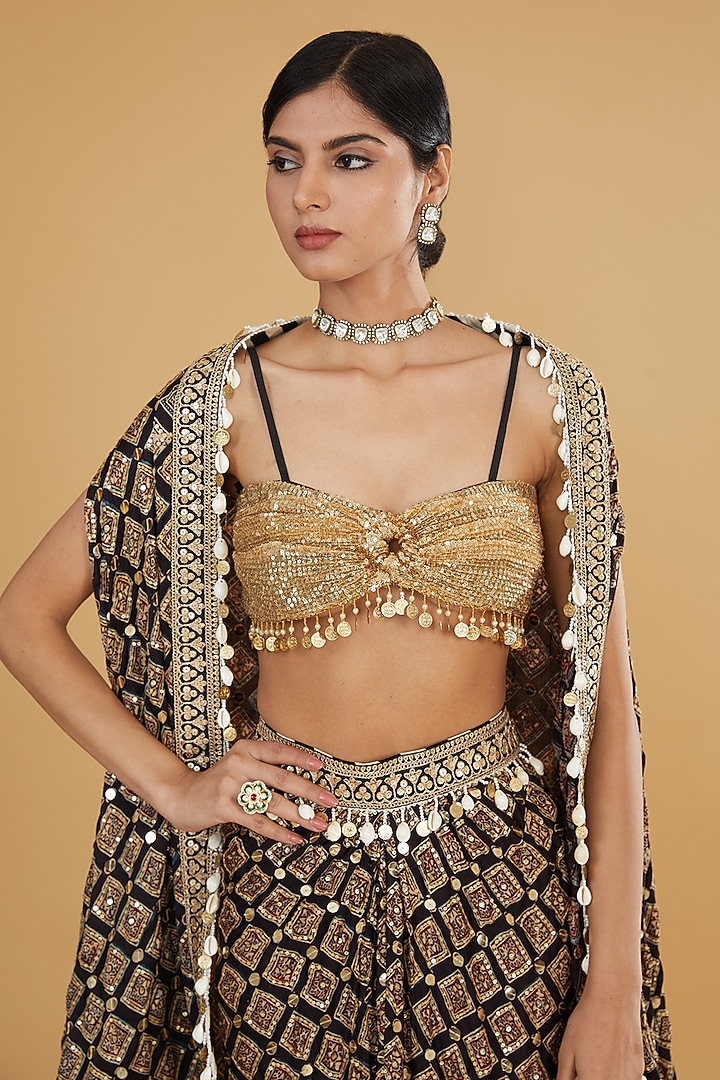 Black Modal Silk Ajrakh Printed & Embroidered Cape Set by Nitya Bajaj at Pernia's Pop Up Shop
