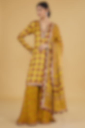 Yellow Modal Silk Ajrakh Printed & Embroidered Sharara Set by Nitya Bajaj