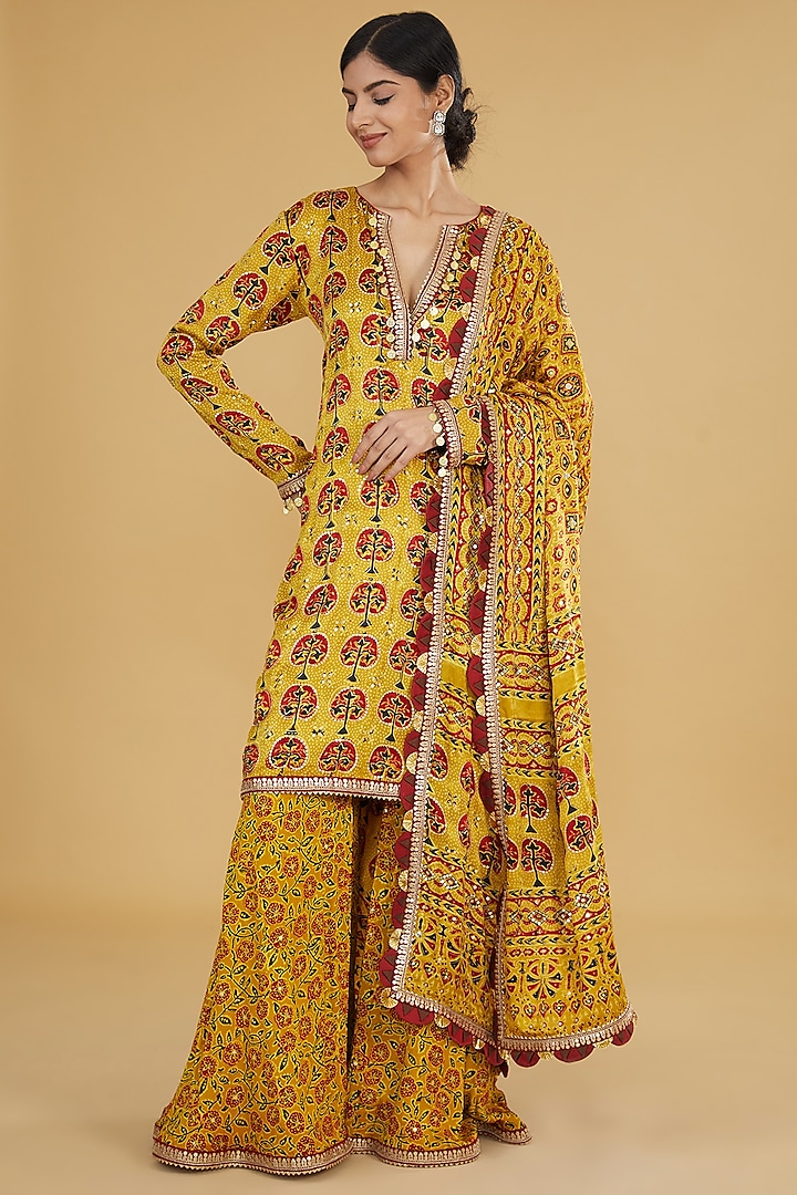 Yellow Modal Silk Ajrakh Printed & Embroidered Sharara Set by Nitya Bajaj