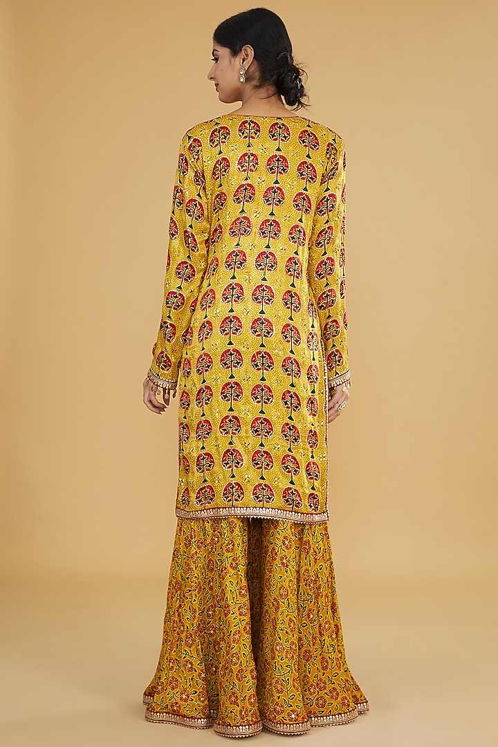 Yellow Modal Silk Ajrakh Printed & Embroidered Wedding Sharara Set by Nitya Bajaj at Pernia's Pop Up Shop