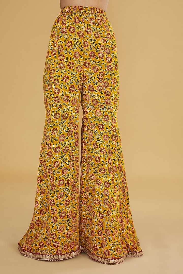 Yellow Modal Silk Ajrakh Printed & Embroidered Wedding Sharara Set by Nitya Bajaj at Pernia's Pop Up Shop