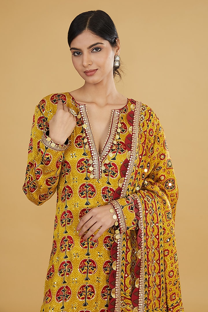 Yellow Modal Silk Ajrakh Printed & Embroidered Wedding Sharara Set by Nitya Bajaj at Pernia's Pop Up Shop