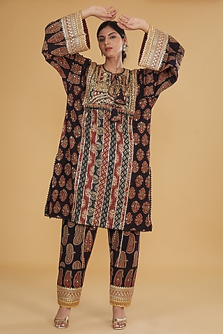 Black Cotton Ajrakh Printed & Embroidered Co-Ord Set by Nitya Bajaj