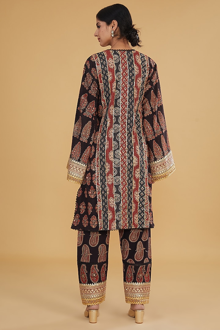 Black Cotton Ajrakh Printed & Embroidered Co-Ord Set by Nitya Bajaj at Pernia's Pop Up Shop