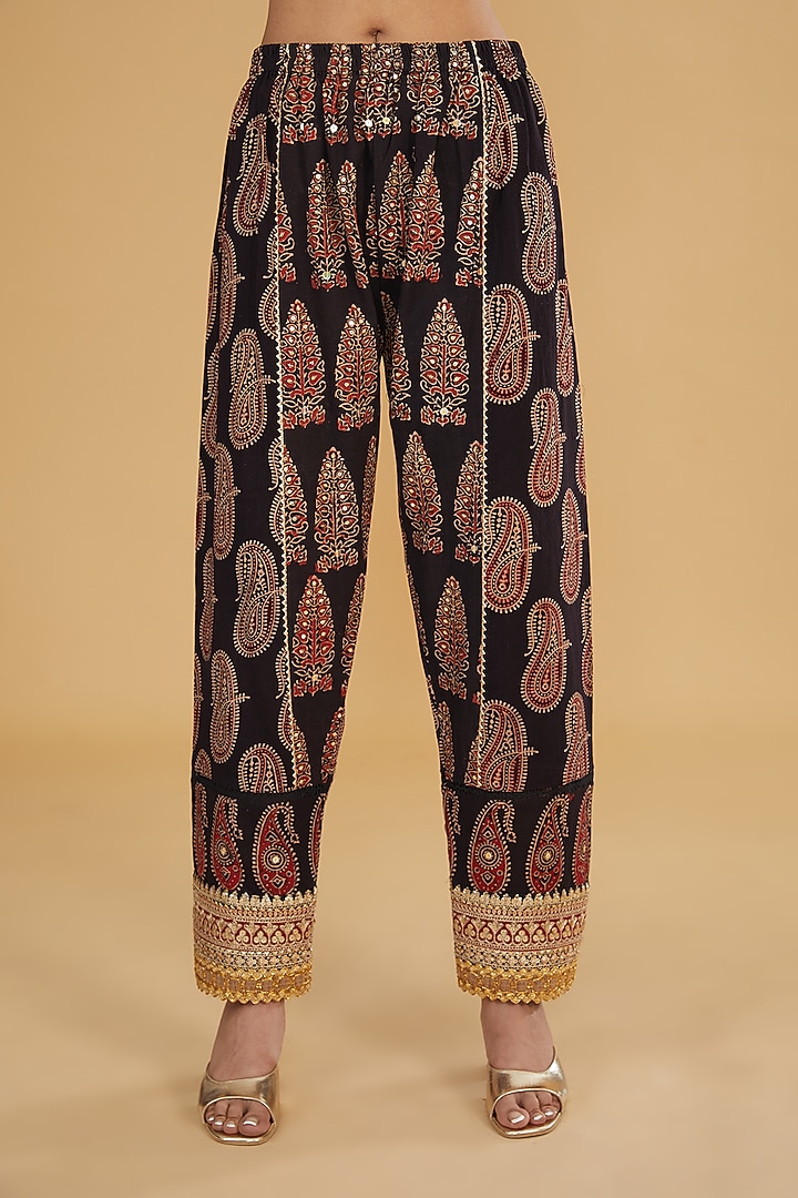 Black Cotton Ajrakh Printed & Embroidered Co-Ord Set by Nitya Bajaj at Pernia's Pop Up Shop