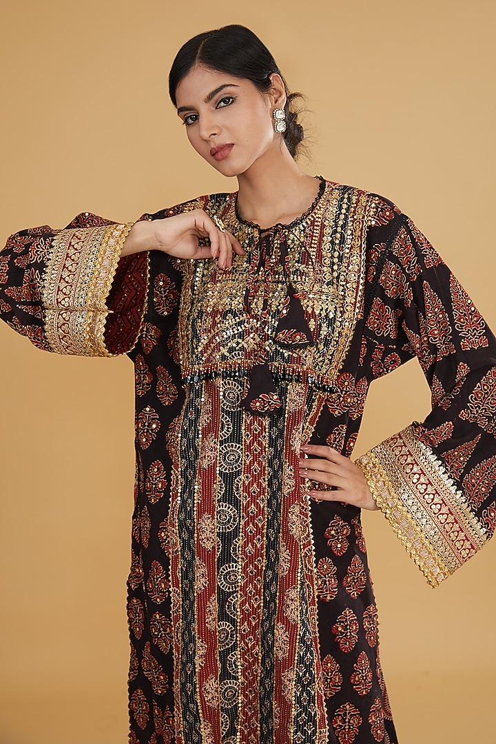 Black Cotton Ajrakh Printed & Embroidered Co-Ord Set by Nitya Bajaj at Pernia's Pop Up Shop