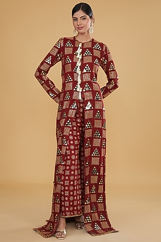 Black Cotton Ajrakh Printed & Embroidered Jacket Set by Nitya Bajaj