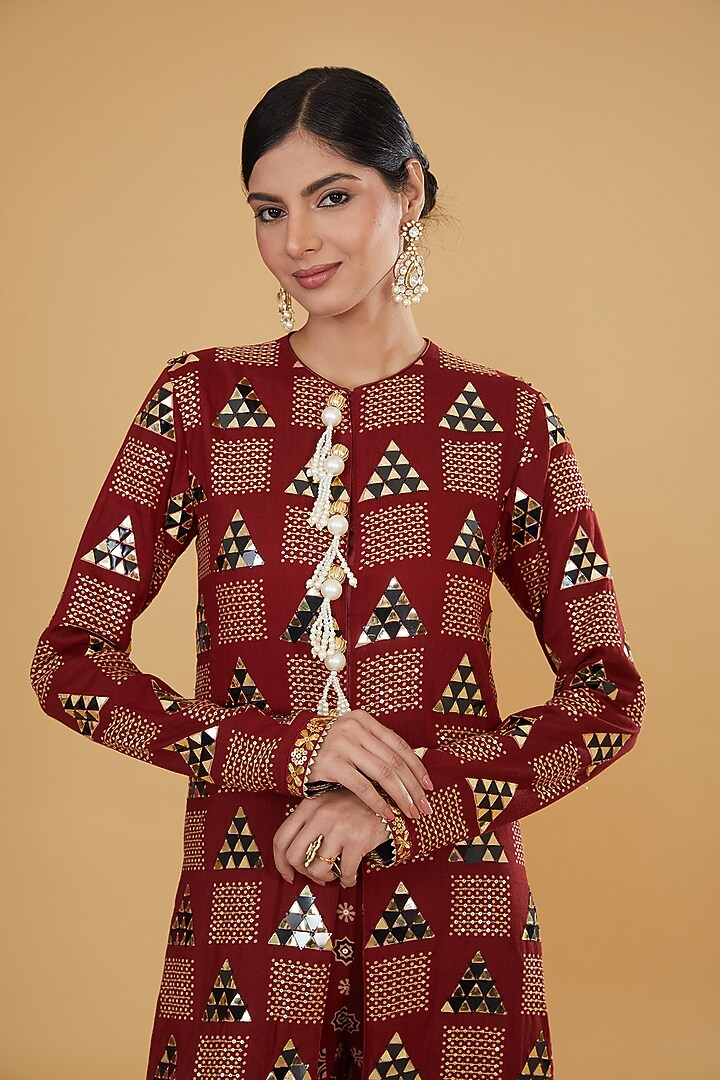 Black Cotton Ajrakh Printed & Embroidered Jacket Set by Nitya Bajaj at Pernia's Pop Up Shop