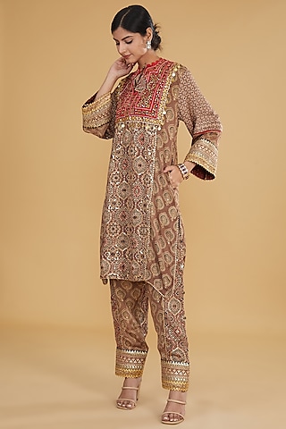 Mustard Modal Silk Ajrakh Printed & Embroidered Co-Ord Set by Nitya Bajaj