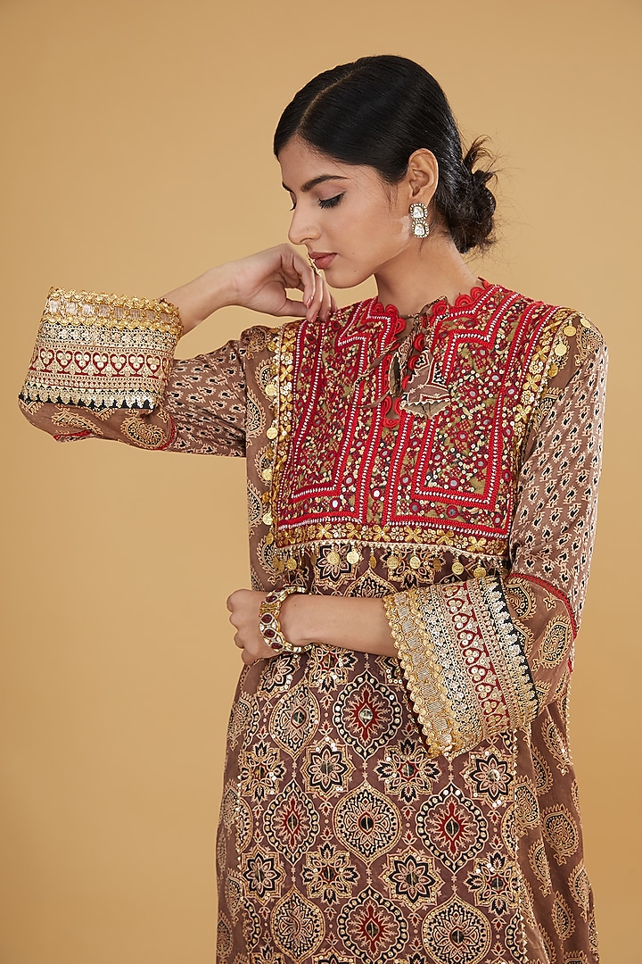 Mustard Modal Silk Ajrakh Printed & Embroidered Co-Ord Set by Nitya Bajaj at Pernia's Pop Up Shop