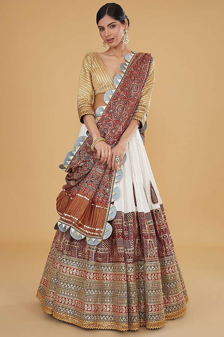 Ivory Cotton Silk & Modal Silk Block Printed & Embroidered Lehenga Set by Nitya Bajaj
