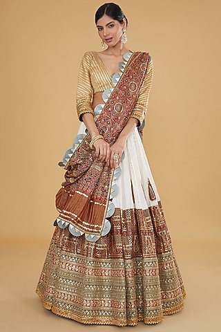 Ivory Cotton Silk & Modal Silk Block Printed & Embroidered Lehenga Set by Nitya Bajaj