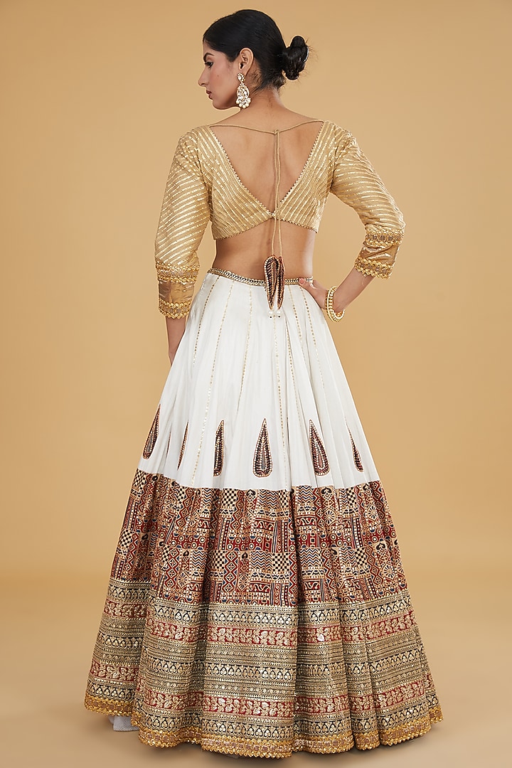 Ivory Cotton Silk & Modal Silk Block Printed & Embroidered Bridal Lehenga Set by Nitya Bajaj at Pernia's Pop Up Shop