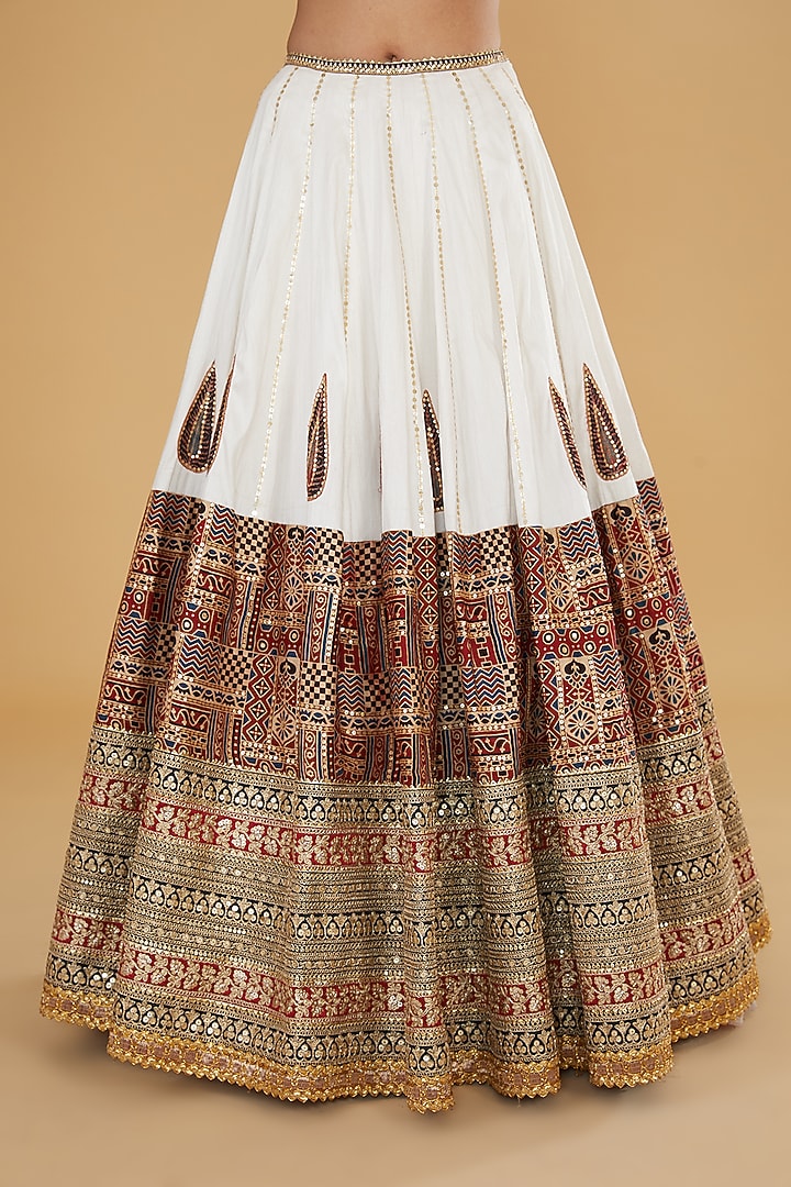Ivory Cotton Silk & Modal Silk Block Printed & Embroidered Bridal Lehenga Set by Nitya Bajaj at Pernia's Pop Up Shop