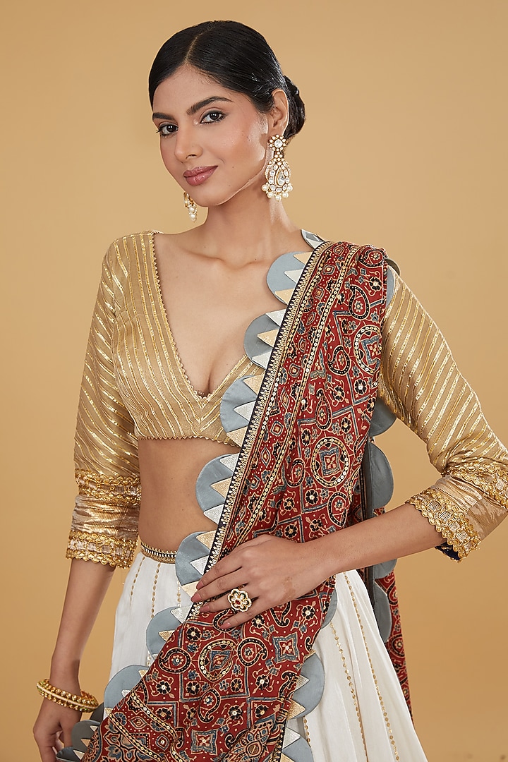 Ivory Cotton Silk & Modal Silk Block Printed & Embroidered Bridal Lehenga Set by Nitya Bajaj at Pernia's Pop Up Shop