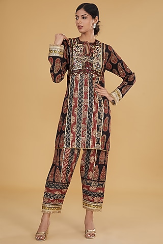 Black Cotton Ajrakh Printed & Embroidered Co-Ord Set by Nitya Bajaj