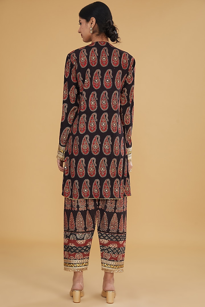 Black Cotton Ajrakh Printed & Embroidered Co-Ord Set by Nitya Bajaj at Pernia's Pop Up Shop