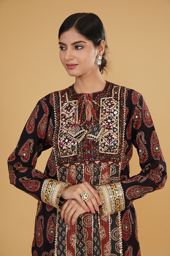 Black Cotton Ajrakh Printed & Embroidered Co-Ord Set by Nitya Bajaj at Pernia's Pop Up Shop