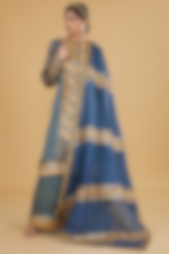 Blue Modal Silk Ajrakh Printed & Embroidered Kurta Set by Nitya Bajaj