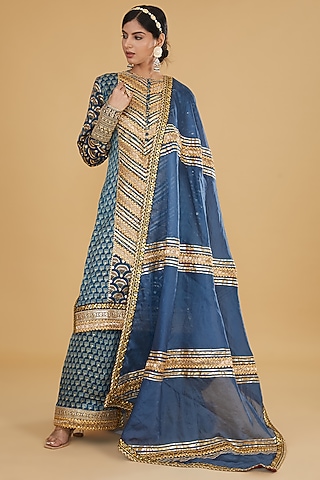 Blue Modal Silk Ajrakh Printed & Embroidered Kurta Set by Nitya Bajaj