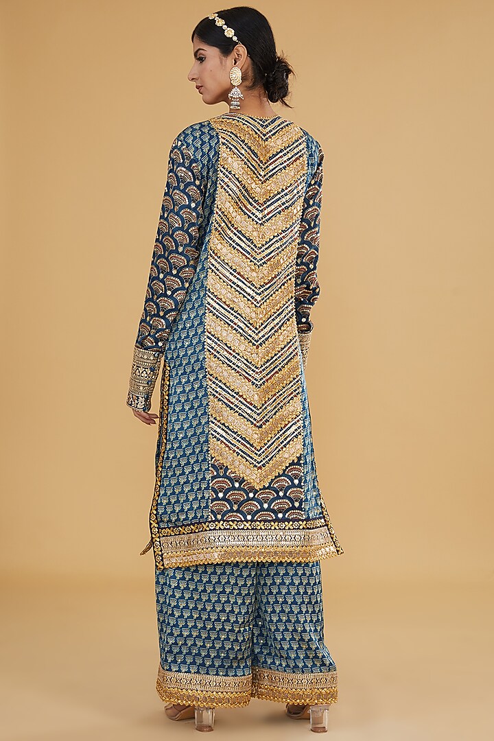 Blue Modal Silk Ajrakh Printed & Embroidered Kurta Set by Nitya Bajaj at Pernia's Pop Up Shop