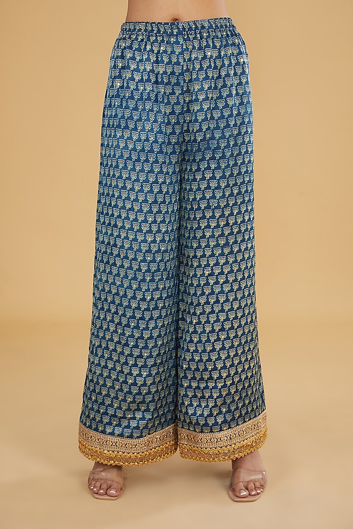 Blue Modal Silk Ajrakh Printed & Embroidered Kurta Set by Nitya Bajaj at Pernia's Pop Up Shop