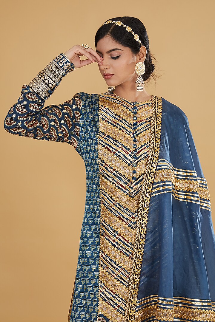 Blue Modal Silk Ajrakh Printed & Embroidered Kurta Set by Nitya Bajaj at Pernia's Pop Up Shop