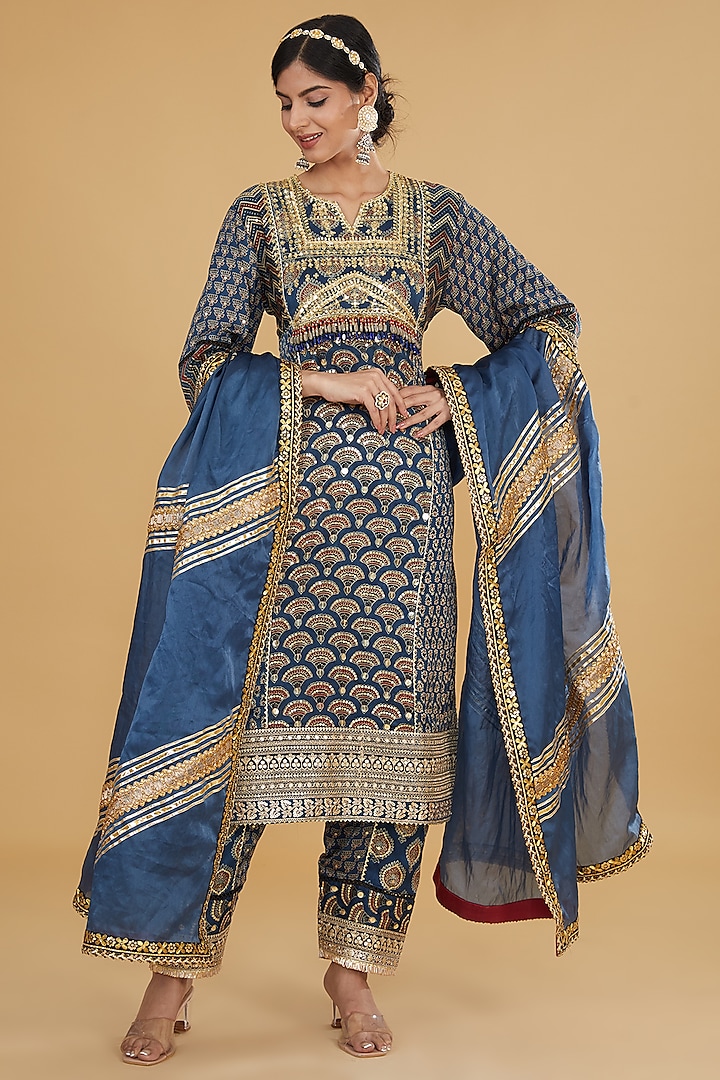 Blue Modal Silk Ajrakh Printed & Embroidered Kurta Set by Nitya Bajaj