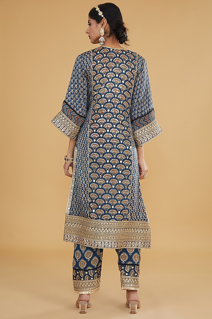 Blue Modal Silk Ajrakh Printed & Embroidered Kurta Set by Nitya Bajaj at Pernia's Pop Up Shop