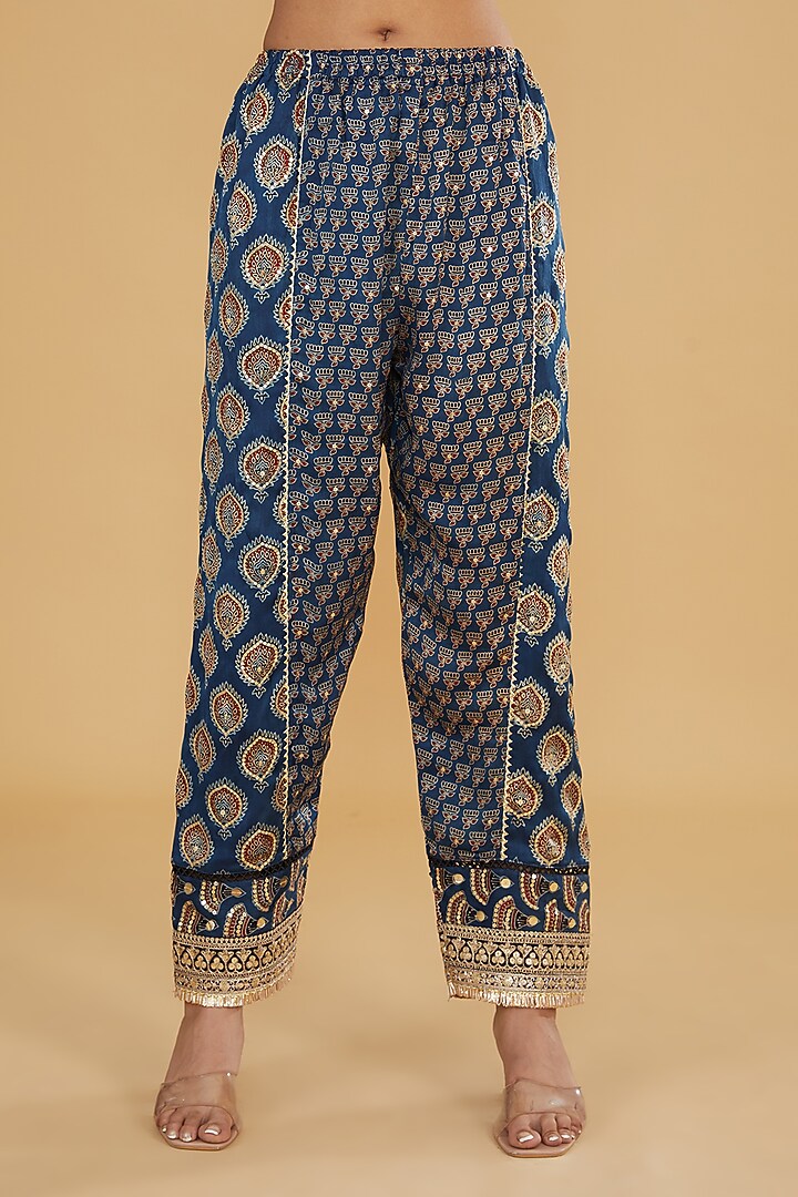 Blue Modal Silk Ajrakh Printed & Embroidered Kurta Set by Nitya Bajaj at Pernia's Pop Up Shop